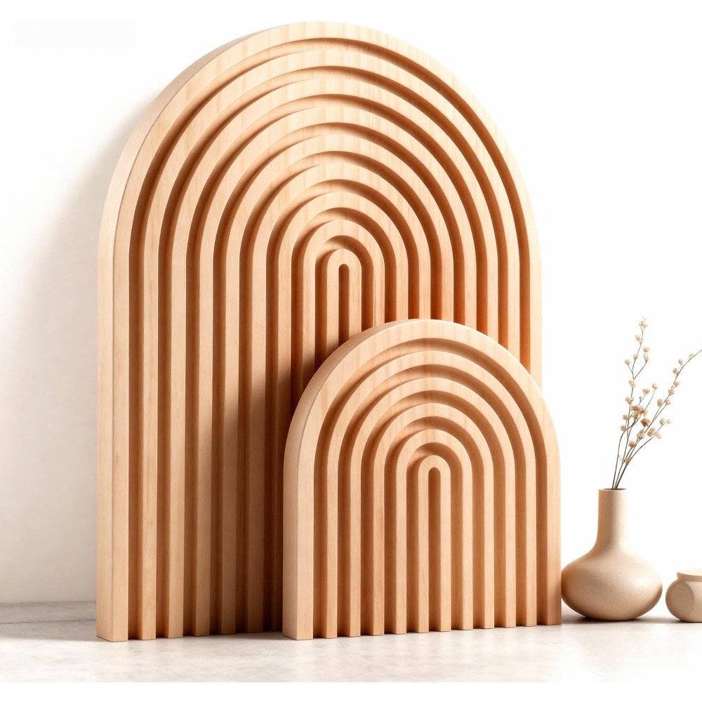 Home Office Japandi - 2 Pcs Natural Wood Arch Decor,